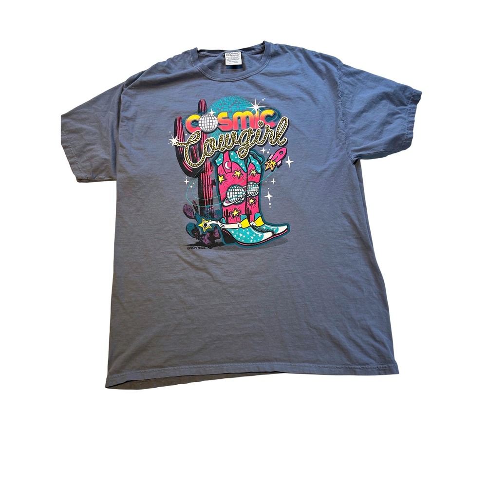 Comfort Wash Cosmic Cowgirl Graphic T-Shirt XL Blue Gray Western Disco Boots